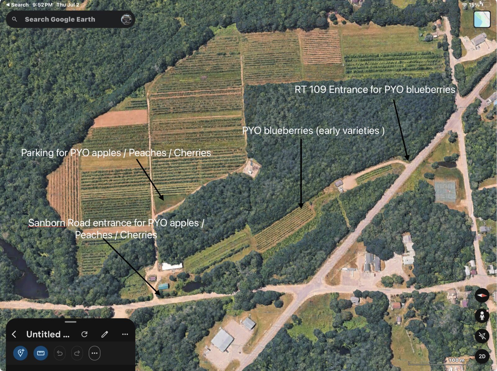 Aerial map showing the Sanborn Road entrance for PYO apples, peaches, and cherries, and the Route 109 entrance for PYO blueberries